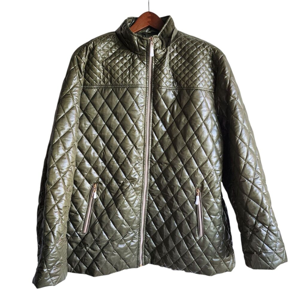 White Mark Quilted Puffer Jacket Womens 3XL Olive Green High-Shine Diamond Quilt